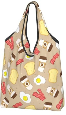 TZTTZT Sacs d'épicerie réutilisables - Sacs de courses pliables pour café, bacon, œufs, toasts, sacs d'épicerie avec poignées, Noir , 3 PCS
