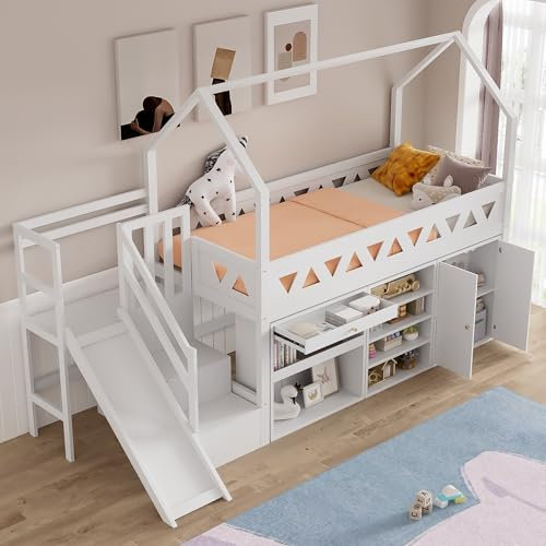 Gegtuon Letto a Castello Bambini 90x200 con Scivolo e Scaletta, Letto a Soppalco per Ragazzi con Contenitore Cassetti e Ripiani, Letto con Rete a Doghe e Protezione Anticaduta, senza Materasso, Bianco