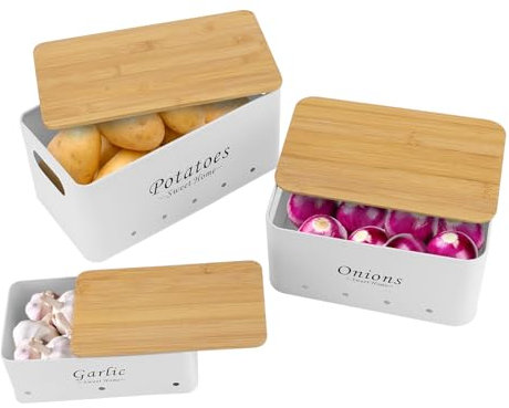 Tyvotrend Juego de 3 cajas de almacenamiento para patatas, recipientes de almacenamiento con tapa de bambú extraíble, recipientes de cocina para guardar verduras, patatas, cebollas, ajo (blanco)