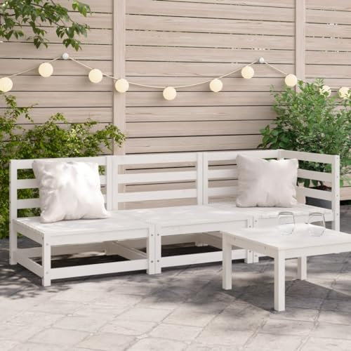 Myheimly Gartensofa 3-Sitzer Weiß Massivholz Kiefer Weiße Kiefer Eckteil 2X Stuhl