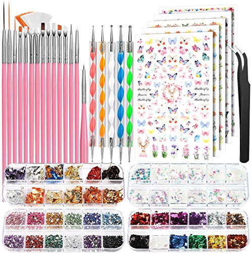 FANDAMEI Nail Art Brushes Set, Nail Art Kit Accessories Nail Design Kit, Nail Art Dotting Pens, Nail Stickers, Butterfly Nail Art Sequins, Nail Foils, Nail Art Flakes Iridescent, Rhinestones For Nails
