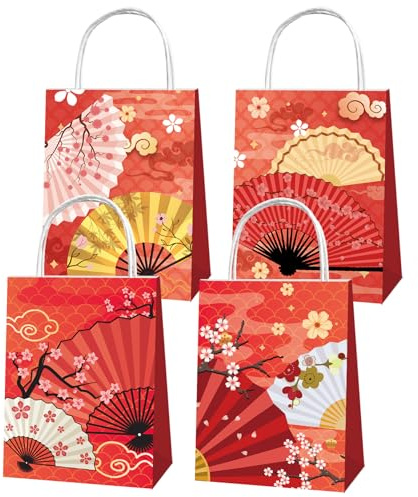 12-Pack Faltende Fans Party Taschen mit Griffen, Japanische Faltende Fans Geburtstag Dekorationen Party Bevorzugungen Faltende Fans Geschenktaschen Süßigkeiten Taschen Goodie Taschen Treat Taschen