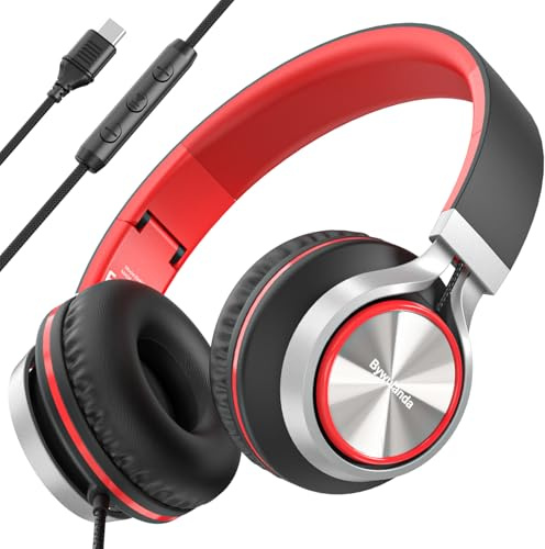Bywulanda USB-C Kopfhörer mit Mikrofon und Lautstärkeregler, Over Ear Stereo Headsets für iPhone 15, 16 Pro, kabelgebunden, Faltbare Kopfhörer für Smartphones, Chromebook, Laptop, Tablets, Reisen