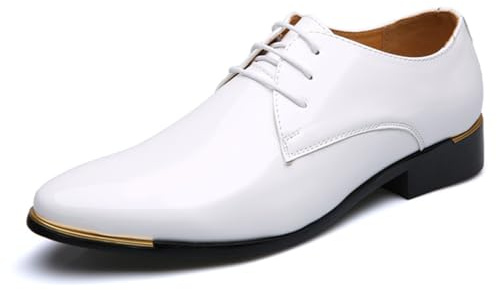 Dcbdx Herren Lack Schuhe Hochzeits Klassischer Schnürhalbschuhe Business Spitze Anzugschuhe,Weiß,43 EU