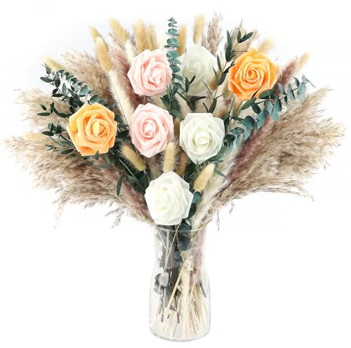 Songjum Ramo de flores secas para decoración de la mesa de las pampas, 91 unidades, ramo de flores secas para boda, flores bohemias, decoración de mesa del hogar, decoración rústica de granja, flores