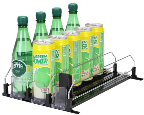 Automatic beverage rack for refrigerator – push-button beverage dispenser – suitable for 12oz/16oz canned beverages, 3 rows, holds up to 15 cans of soft drinks,