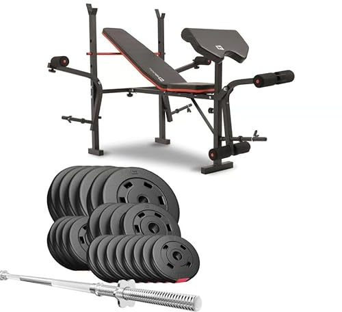 HOP-Sport® Banc de Musculation Pliable HS-1055 avec Pupitre de Curl, Papillon, Presse Jambes et Set d’haltères de 69 kg, Disques de Poids en Plastique alésage 31 mm et Barre Droite, Noir