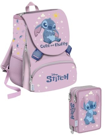 VARZI School Pack Set Scuola Stitch 2 Pezzi con Zaino Ergonomico e Astuccio Completo 3 Zip – Kit Bambina per Elementari – Angel & Stitch (Cute and Fluffy Rosa)