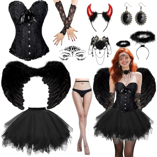 Disfraz de diablo para mujer, disfraz de ángel negro, juego gótico con corsé, falda de tul negra, alas de ángel, aureola, cuernos de diablo, guantes para Halloween, carnaval, cosplay, Halloween (s)