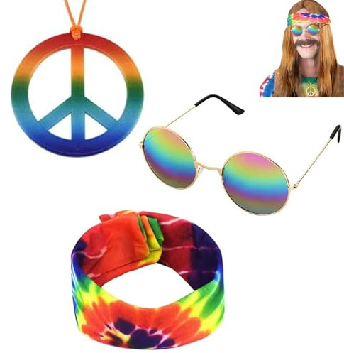 JFangZHZH Hippie-Kostüm für Herren und Damen,Retro Verkleiden Sich,Hippie Accessories Hippie Brille Buntes Stirnband,für 60er 70er 80er Party Verkleiden Zubehörse