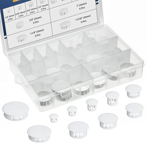 JTAREA 10Größen Nylon-Kunststoff Lochstopfen Sortiment Kit 6mm 8mm 10mm 13mm 16mm 19mm 22mm 25mm 28mm 30mm Abdeckkappen für Bohrlöcher Blindstopfen Weiß Bohrloch Abdeckkappen für Möbel Schränke