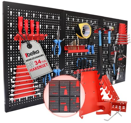 Belko® Ensemble de tableau à outils Rouge 2 pièces | chacun 120x60 cm (combinable en 240x60 cm ou 120x120 cm) | incl. ensemble de crochets et étagères 34 pièces | Tableau à outils en métal Pegboard