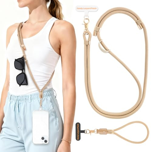 Oaridey 2er Set Anti-Diebstahl Handykette Universal, enthält verstellbares Handyband zum Umhängen und Handykette kurz. Mit 2 Handy Lanyard Patches und robustem Haken für Kopfhörer, Schlüssel, Khaki