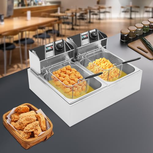 DSYOGX – Kommersiell fritös 2 x 6 l kapacitet elektrisk fritös med två behållare, dubbelkärl, dubbel fritös av 201 rostfritt stål, för restauranger, stormarknader, snabbmatsbutik