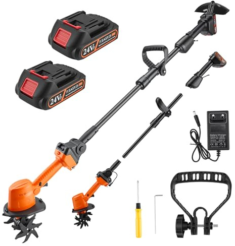 2 in 1 Akku-Bodenhacke, 21V Gartenfräse Elektrisch mit 2 * 1500mAh Akkus, Mikro Gartenfräse mit 1.3m Zusatzhandgriff (4 Metallmesser 10cm Arbeitsbreite 10cm Arbeitstiefe 235 U/min Drehzahl)