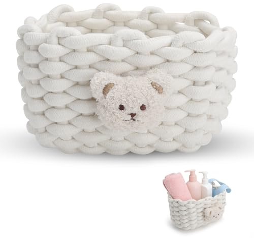 JYYWTSI Cesta de almacenamiento trenzada pequeña de algodón con diseño de oso, cesta de almacenamiento blanca para cuarto de baño, escritorio, tocador, cesta de ganchillo para armarios, cestas, baño