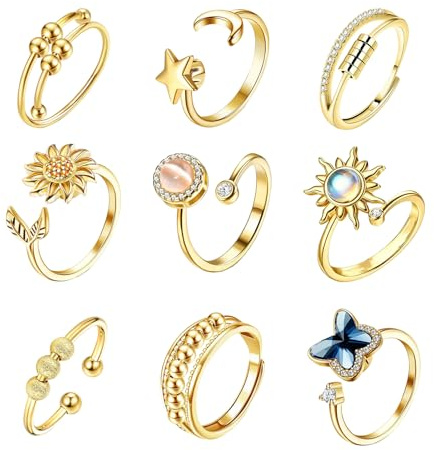 9 Stück Anxiety Ring Gold, Anti Stress Ring, Fidget Spinner Ringe, Verstellbar und Stapelbar Mehrere Stile, Kann Stress und Angstzustände Lindern, für den Alltag, Reisen, Arbeit und Geschäftsreisen