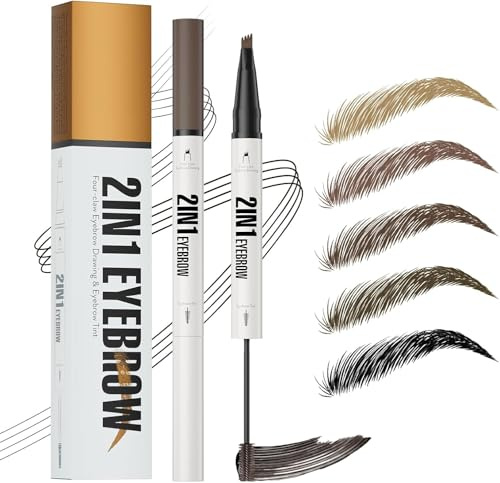 Microblading Augenbrauenstift mit 4-fach Mikrogabel & festigendem Brauengel, 2-in-1 Augenbrauenstift Härchenzeichnung, Wasserdicht, 24h schmutzfest und lang anhaltend (dark brown)