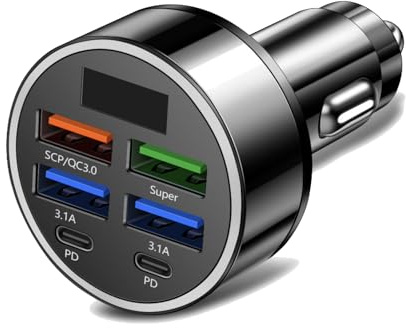 CLARENEL IN MOTION Caricatore Auto USB C 5 Porte, 2 USB-C e 3 USB-A, PD 30W e QC 3.0, Caricatore Accendisigari 12V/24V per Auto, Camper, Furgone e Camion