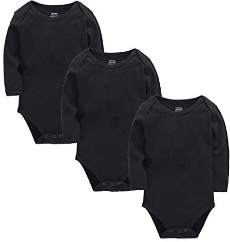 kavkas Långärmad babybody för pojkar och flickor nyfödda bomullsvästar undertröjor spädbarn solida onesies 3-pack (0–24 månader), Svart, 0-3 månader