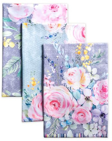 Maison d' Hermine Kitchen Towels Set of 3 Reusable 100% Cotton 70cm x 50cm | Cloth Tea Dish Towels Absorbent with Hanging Loop for Kitchen Dining Party Home Spring Summer - Sweet Rose Lavender - Lush
