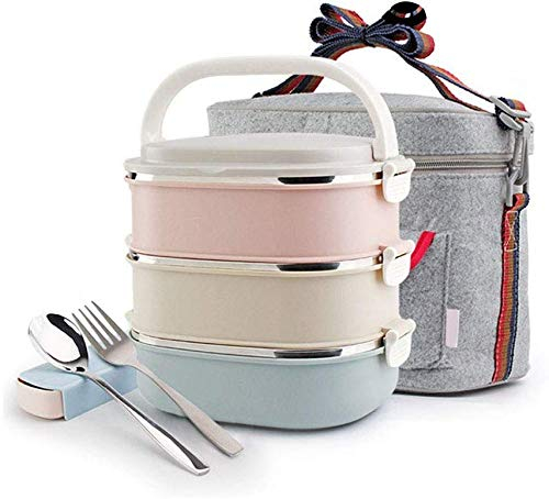 DRHR Contenedor de Alimentos aislantes, Caja de Almuerzo de Aislamiento de 3 Capas de Acero Inoxidable de Alta Capacidad, con Bolsa Aislante, vajilla, para niños Adultos