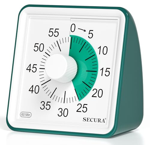 Secura 60 Minute Visual Timer, Classroom Countdown Timer, Silent Timer for Kids and Adults, Time Management Tool for Teaching, Family and Work (Dark Green & Dark Green)