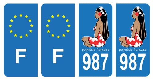 HADEXIA Nummernschild-Aufkleber 987, Polynesien, Französisch, DROM & F, Frankreich, 4 Stück