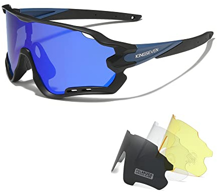 KINGSEVEN Polarisierte Fahrradbrille für Herren Damen Fahrrad MTB Rennrad Sonnenbrille mit 4 Wechselgläsern LS-911 (Dunkelblau)