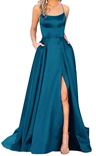 Hahaemma Eleganta långa balklänningar för kvinnor med fickor, satin, A-linje, rygglös, bröllopsklänning, aftonklänningar, sexig halterneck, spaghetti, brudklänning, lång, prinsessa, brudtärneklänning, blått 1, S