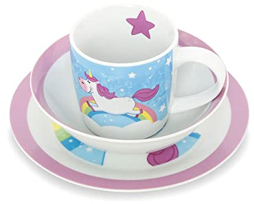 BIOZOYG - Service de Vaisselle pour Enfants en Porcelaine - Set Petit Déjeuner 3 Pièces, Lavable au Lave-Vaisselle, Assiettes Tasses Bols avec Motif, Idées Cadeaux pour Enfants, Licorne