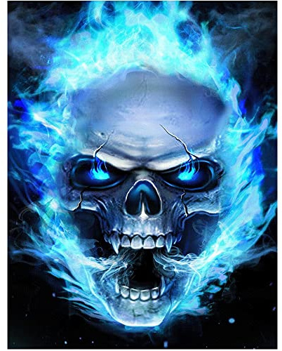 DCIDBEI DIY 5D Runde Diamant Malerei Totenkopf mit Eis Magie,Diamant Painting Bilder Gothik Diamond Painting Kits Dark Manga, Wohnzimmer Schlafzimmer Dekoration Aufkleber-Blau Schädel