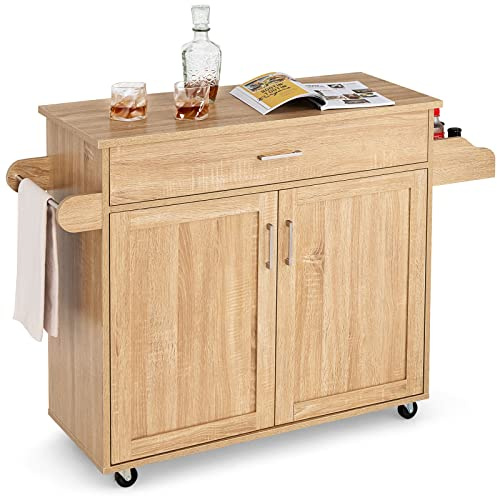 GOPLUS Carro de Cocina, Isla de Cocina con Servicio Multifuncional, Armario de Cocina con Toallero y Estante para Especias, 116 cm x 40 cm x 85 cm (Natural)