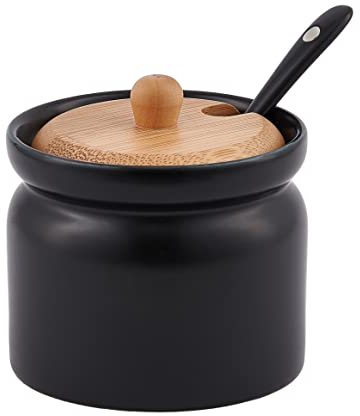 Pullmer Zuckerdose aus Keramik mit Deckel aus Bambusholz und einem Zuckerlöffel, Zuckerbehälter(Rund Schwarz)