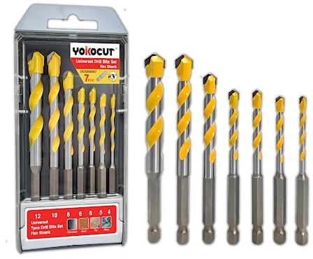 YOKOCUT Universalbohrer Set Profi 7-tlg - Multifunktionale Bohrer für Metall, Holz, Beton, Mauerwerk, Fliesen, Kunststoff uvm. - Hochwertiges Mehrzweckbohrer Set mit Sechskantschaft - Ø 4-12mm