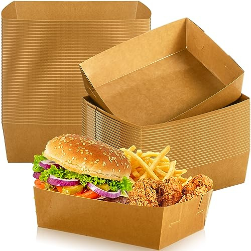 Uiifan 5 lb Extra Large Paper Food Trays Disposable Food Boat Nacho Plate Serving Snack Trays Grease Resistant Self-assembly for Graduation Birthday Wedding Party Supply(Brown Kraft,50 Pcs)