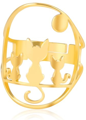 TEAMER Edelstahl niedlich Katze Ringe Mondsichel Stern Katze Ring Resizable Vollmond Katzen Ring Katzenliebhaber Schmuck für Frauen