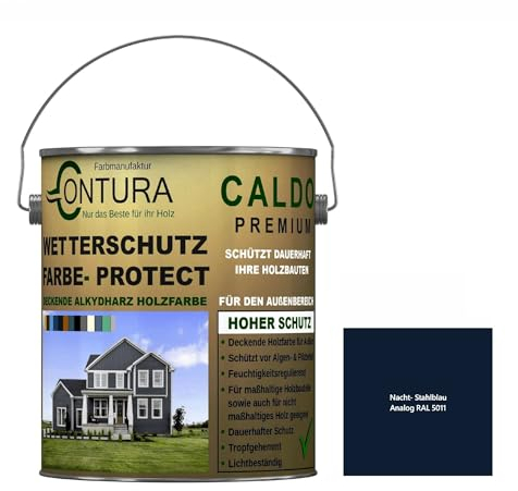 Contura Wetterschutzfarbe 500ml. Holz Dauerschutzfarbe Deckend Buntlack Holzfarbe Holzlasur Seidenmatt (Stahlblau - RAL 5011 Analog)