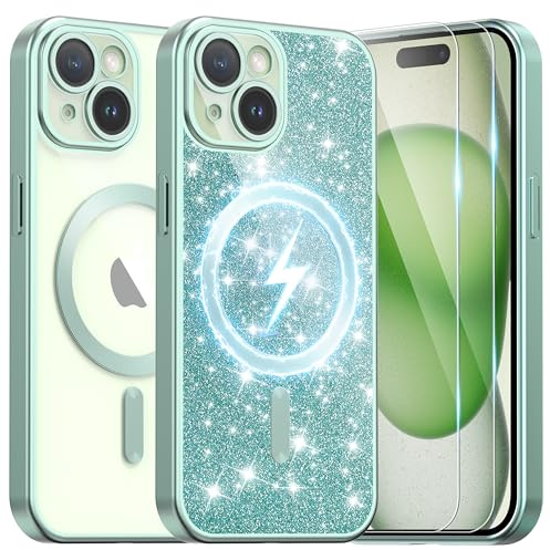 Ethanger Magnetic Case for iPhone 15, Titanium green | Compatible with MagSafe, with 2 x Screen Protector, with Glitter Card and Wrist Strap, Protective Case for Women Girls