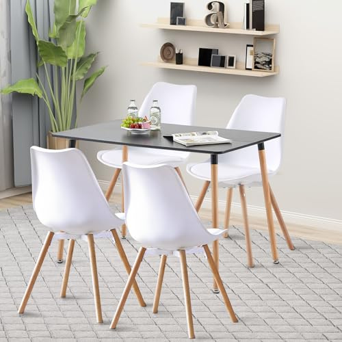 LafeuR Esszimmergruppe Esstisch mit 4 Stühlen, Rechteckig Küchentisch-Set Essgruppe für Küche Esszimmer und Wohnzimmer (Schwarz Tisch+4 Weiß Esszimmerstühle), SG-1B+OT-4W