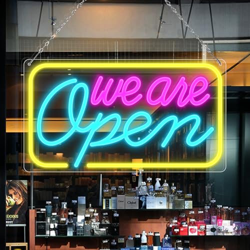 LED Neon We Are Open Signs, 16.5''x 9'' Open Sign for Business, Neon Open Sign with ON/OFF Switch, Light Up Electric USB Powered Sign for Stores, Hotel, Bars, Restaurant (Pink&Blue&Yellow)