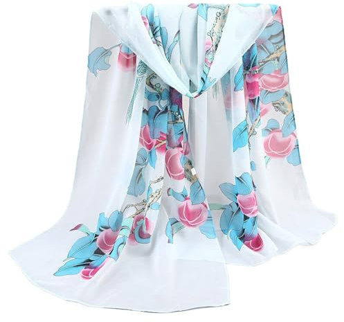 KETAFOUND Chiffon-Schal – Damen-Halstuch, Weicher Schal, Leicht, Durchsichtig, Blumendruck, Damenbekleidungszubehör, Halstuch, Halstuch, Hellblau, 160 X 50 Cm