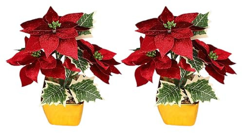 RTYUSWL 2 Stück Weihnachtssterne, Weihnachtsblumen Im Topf, Künstliche Weihnachtssterne, Pflanzen Im Topf, Künstliche Weihnachtsstern-Arrangements für Drinnen und Draußen, (A)