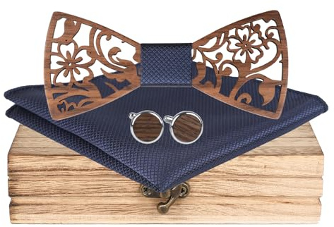 Mr.Van Holzfliege, Holz Fliege Herren Natürliche Schwarze Walnuss Hohle Schnitzblumen Fliege Manschettenknöpfe Einstecktuch Set Bräutigam Trauzeuge Hochzeit Abschlussball mit Geschenkbox für Männer