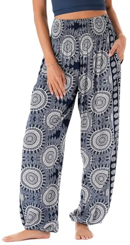 Lotus and Luna Women's Harem Pants Thai Pants for Beach & Lounge High Waisted Flowy Boho Pants Genie Pants Yoga Pants (PKT-M, Oxford)