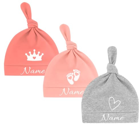 Ahoiikids Personalisierte Baby Mütze aus Baumwolle – Knoten Beanie mit Namen unf Motiv – Für Neugeborene