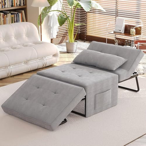 Shally Dogan Divano Letto 4 in 1 con Tasca Portaoggetti Laterale, Divanetto Seduta Morbida e Imbottita ad Alta Densità Trasformabile Chaise Longue, Ottomana, Poggiapiedi, Letto (Grigio Chiaro)