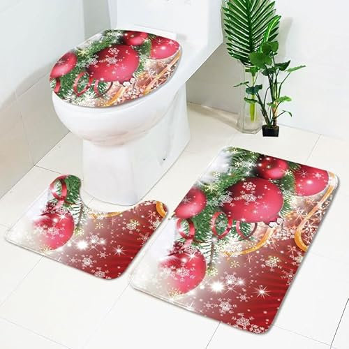 Bad Teppiche Set Rosa Weihnachtskugel Badezimmerteppich Waschbar WC Vorleger mit Ausschnitt und WC Deckelbezug 3 Teilig Badematte rutschfest Toilettensitzbezug Badgarnitur 45x75 cm