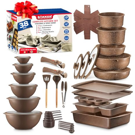 Bakken Master 38 Piece Granite Cookware and Bakeware Set – Nonstick Granite Coating, Pots and Pans with Detachable Handles and Tempered Glass Lids, 6-Piece Bakeware Set, 12-Piece Mixing Bowls,Brown