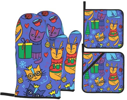 Ofenhandschuhe und Topflappen-Set, Weihnachten, Katze, Hirsch, Fisch, hitzebeständig, Küche, Backhandschuhe, rutschfeste Oberfläche zum Kochen, Backen, Grillen, Grillen